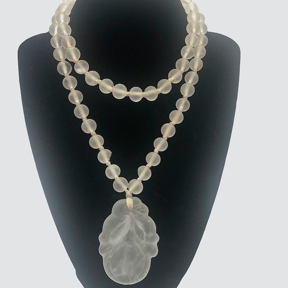 Vintage Jewelry Vintage Frosted Glass Bead Necklace Carved Pendant Poshmark